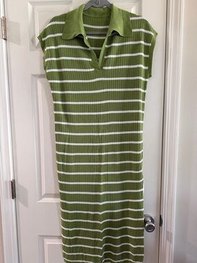 Green Striped Knit Polo Dress - Women's